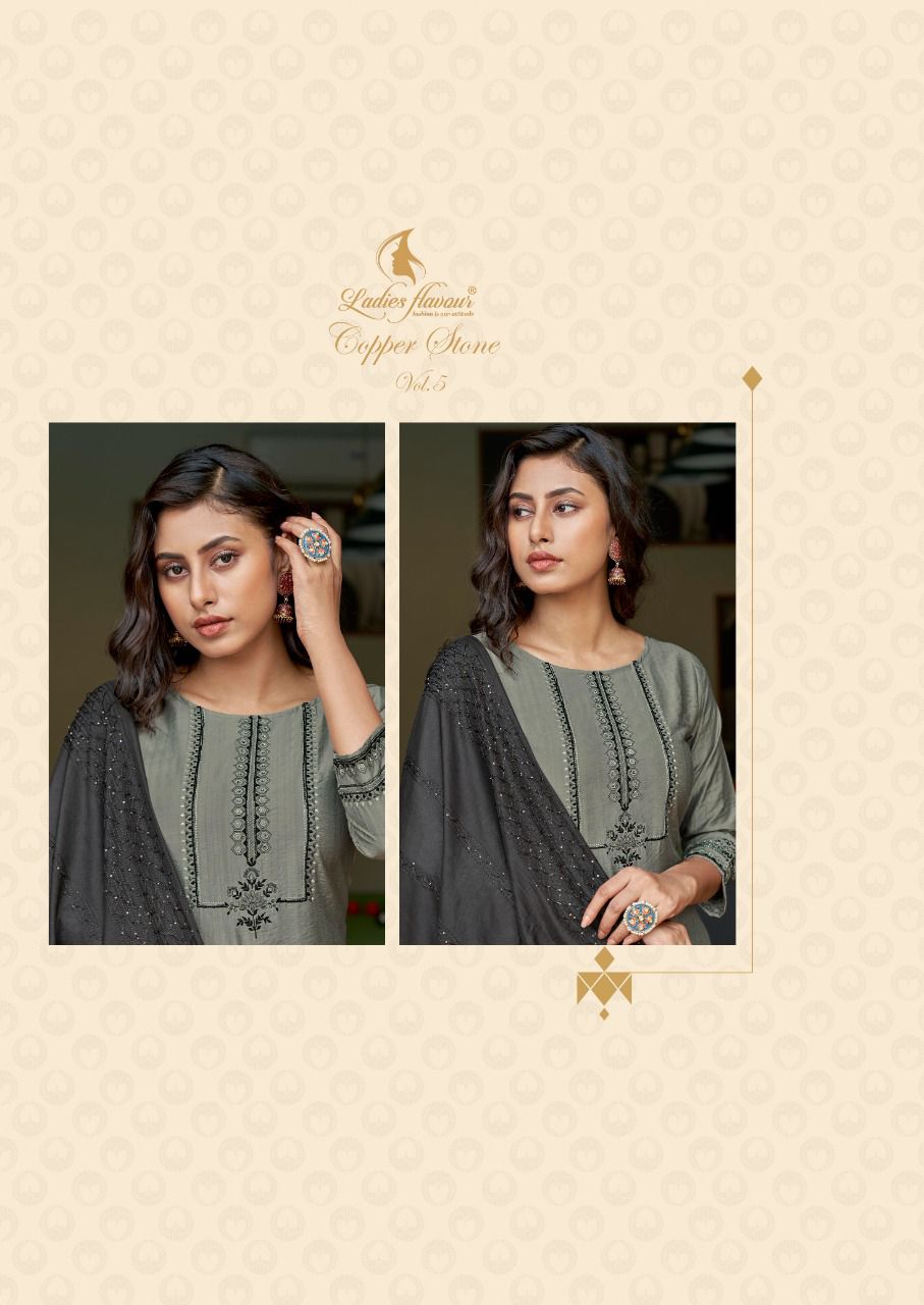 Ladies Flavour Copper Stone 5 Exclusive Designer Viscose With Embroidery With Khatli Work Readymade Collection
