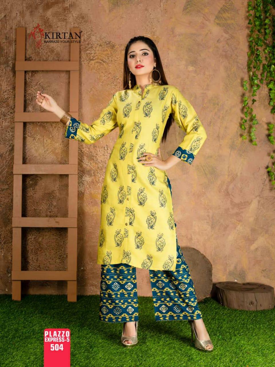Kirtan Plazzo Express Fancy Designer Regular Wear Rayon Printed Kurti With Bottom Collection
