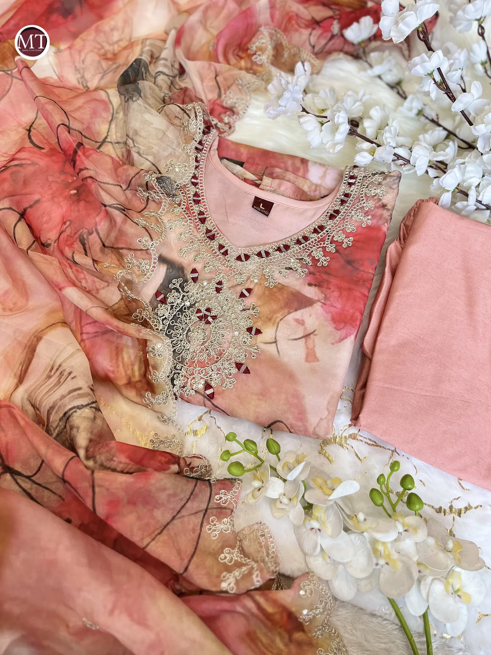 MT Heavy Designer Organza Embroidery Kurti With Bottom Dupatta Wholesale Shop In Surat
