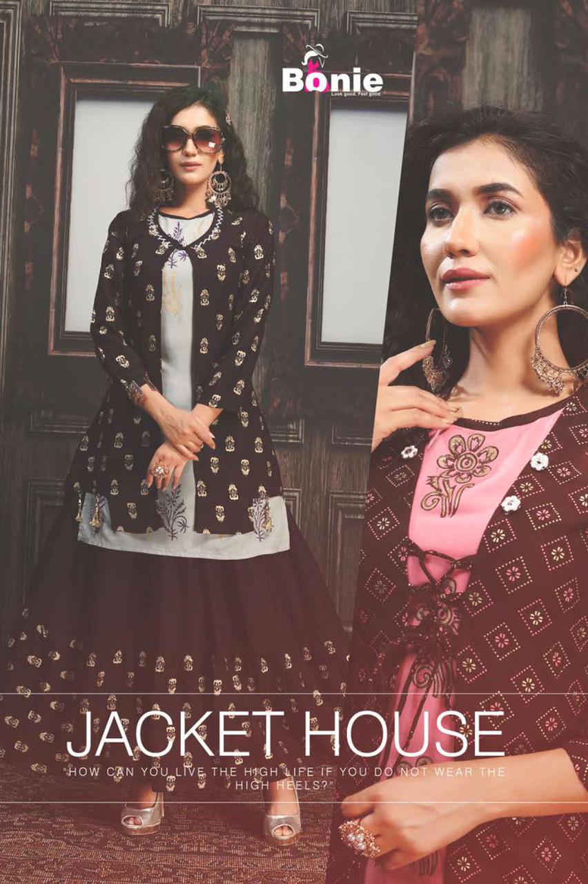 Bonie Jacket House Fancy Party Wear Jacket With Skirt rayon Printed Kurtis Collection
