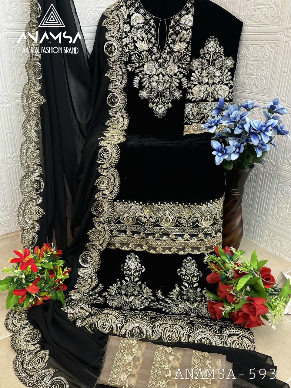 Anamsa 593 Velvet Embroidery Pakistani Suit Wholesale Price In Surat