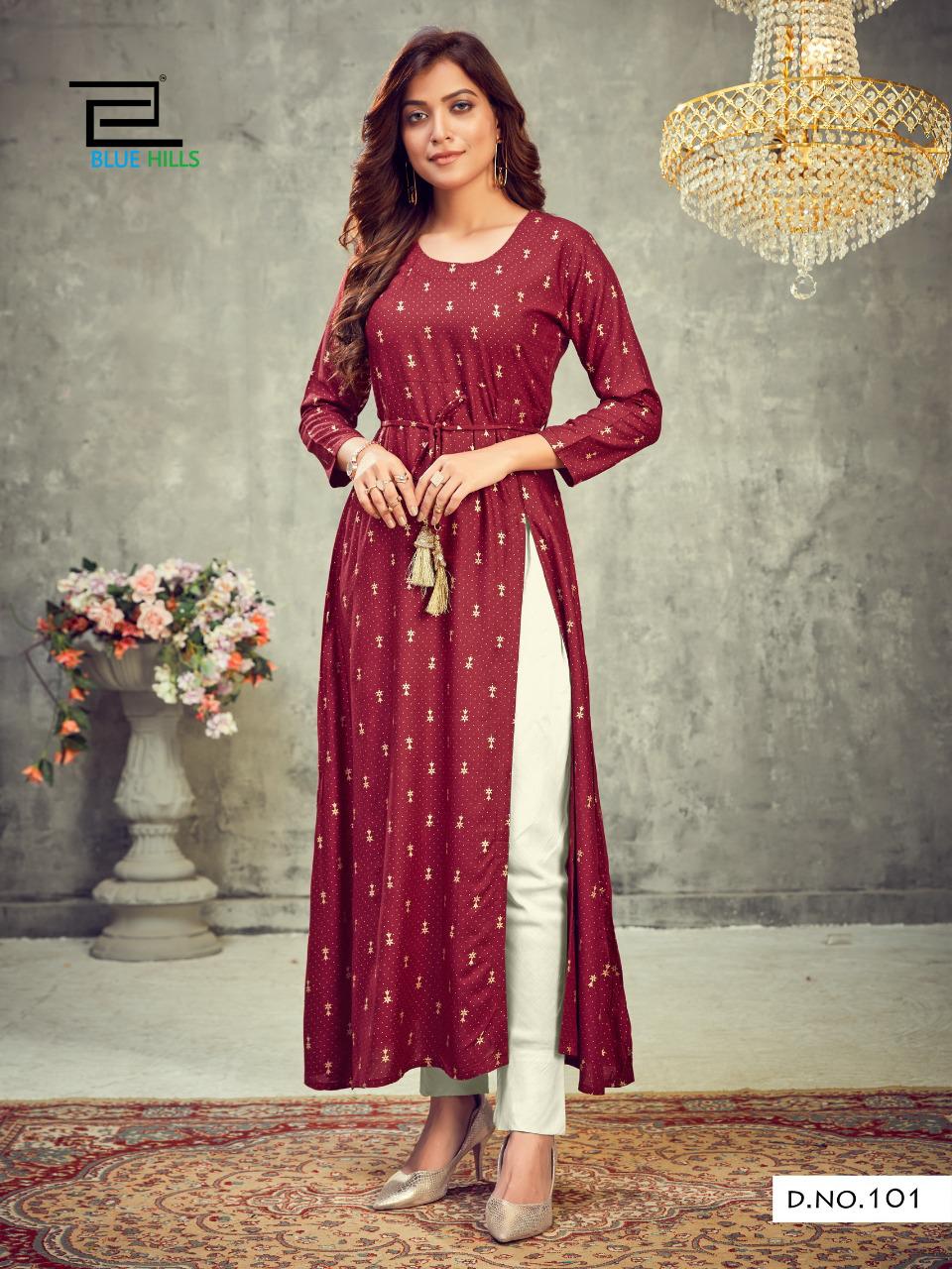 Blue Hills First Date Designers Long Printed Rayon Party Wear Kurtis Collection
