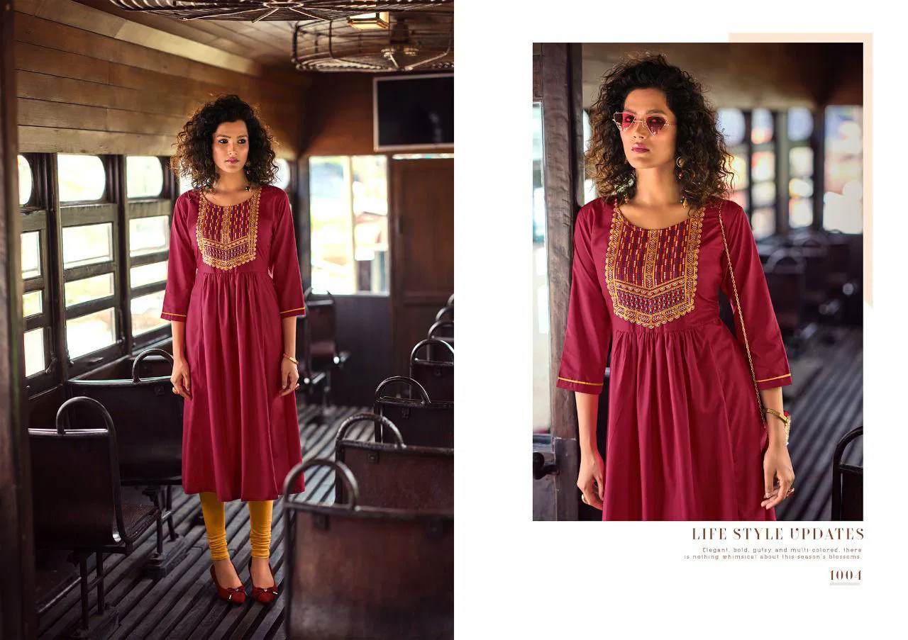 Poonam Sahiya Pure Malai Ethnic Wear Rayon Embroidery Latest Kurtis Collection
