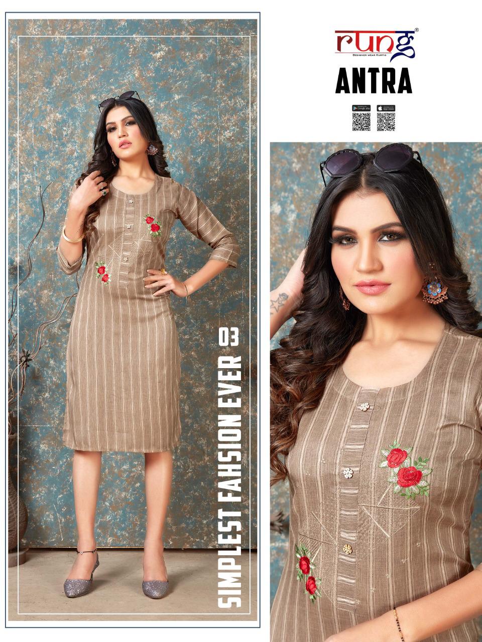 Rung Antra Latest fancy Designer Casual Wear Rayon With Embroidery Work Kurti Collection
