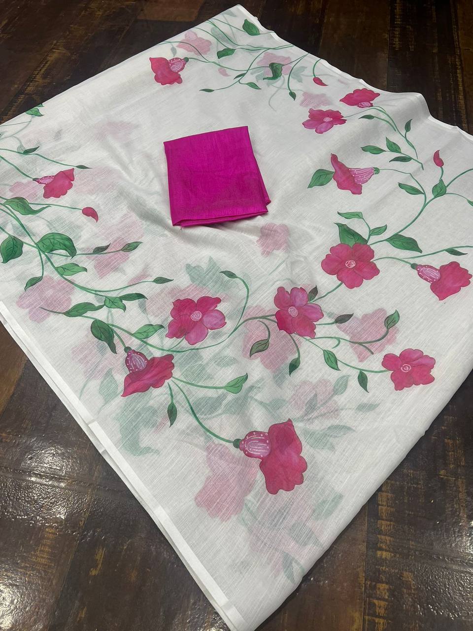 Mg306 Plain Linen Print Saree catalog