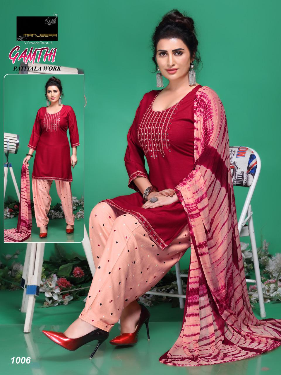 Manjeera Gamthi Latest Ethnic wear Patiyala Work Rayon Top With Fancy Naznin Dupatta Readymade Collection