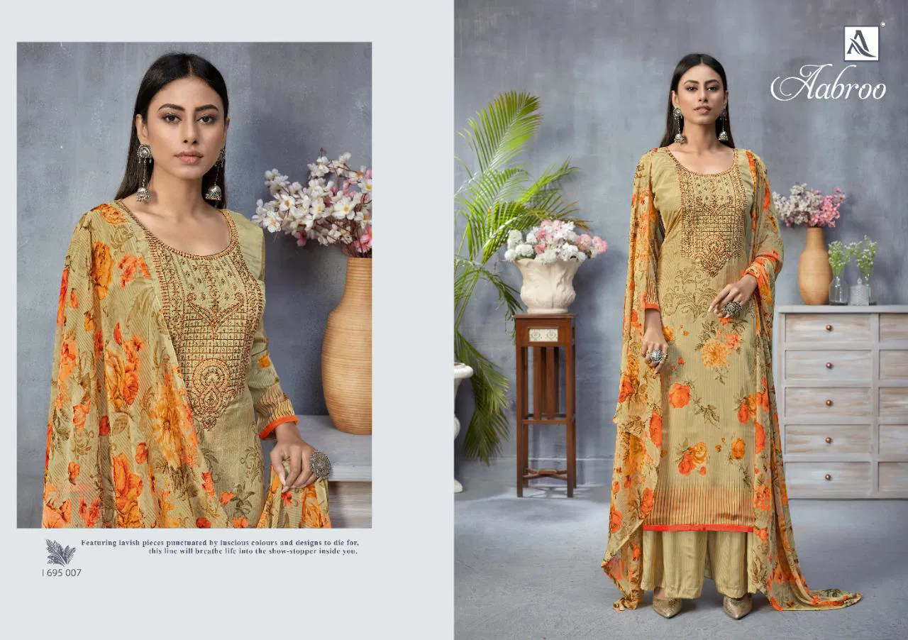 Alok Aabroo Latest Casual Wear Pure French Digital Print with Fancy Thread Embroidery And Swarovski Diamond Work Dress Material Collection

