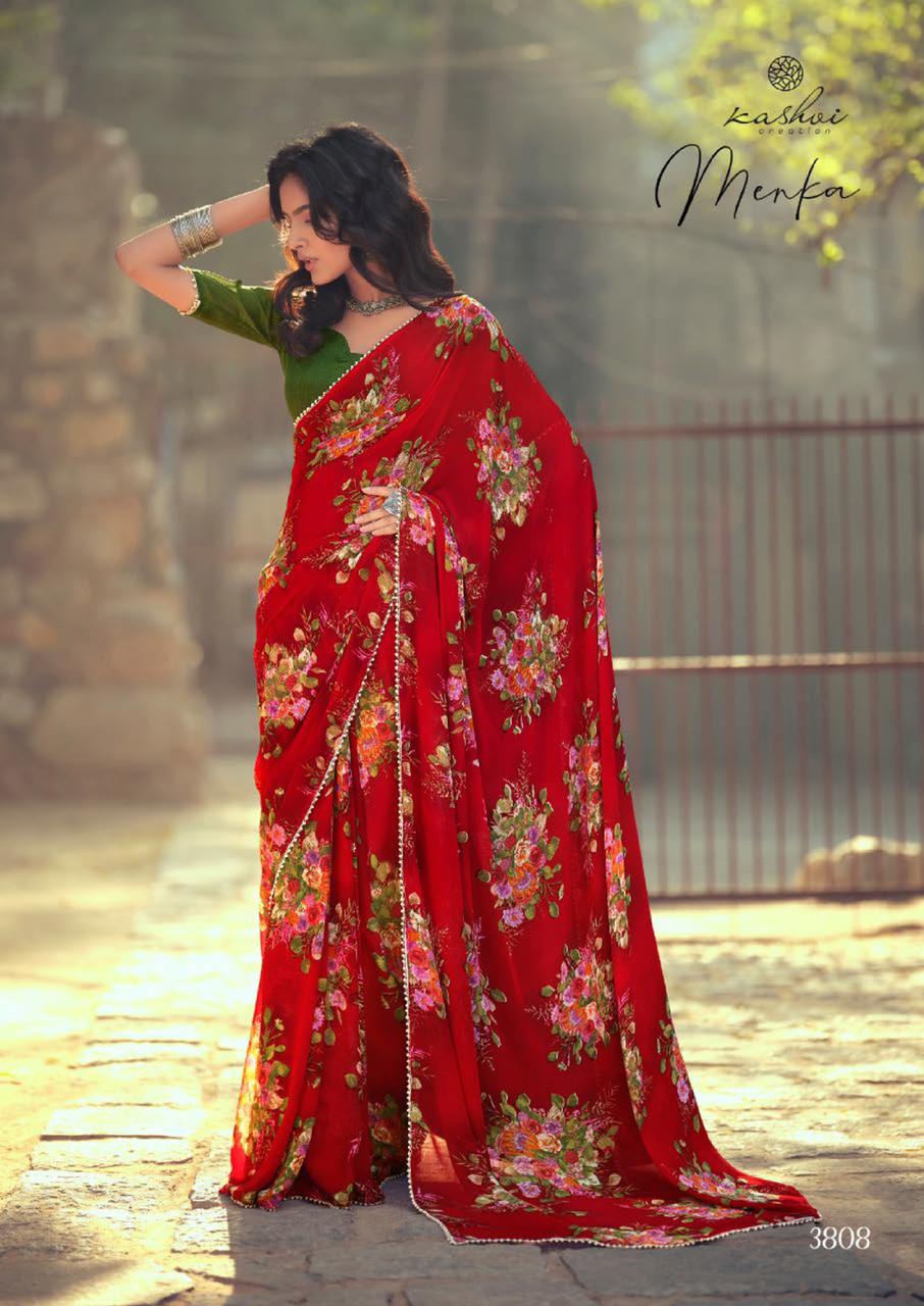 Kashvi Menka Latest Fancy Designer Festive Wear Silk Weightless Floral Chiffon Saree Collection
