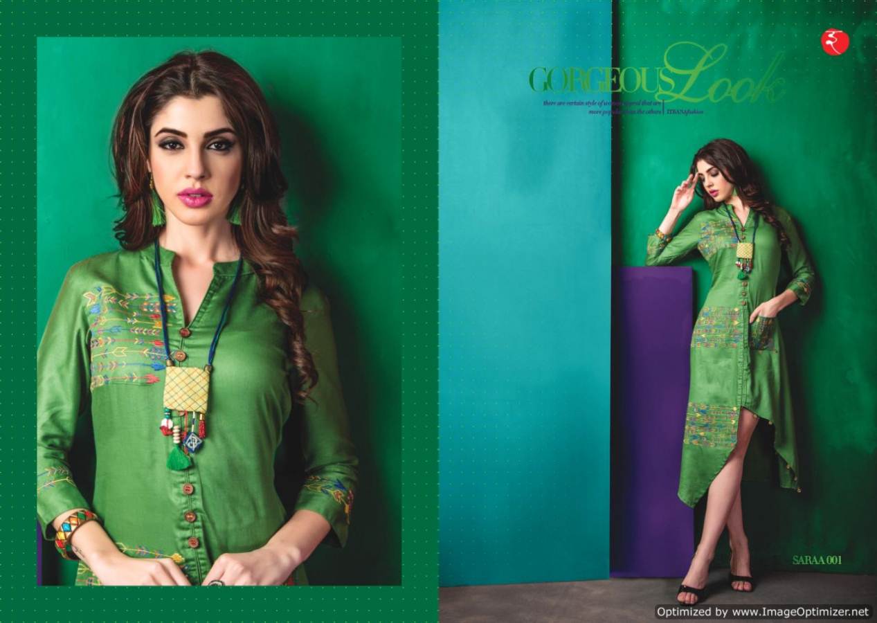 Saraa Launch New Latest Wonderful Party Wear Designer Kurti With Embroidery Work Three Fourth sleeves And Beautiful Neck Designs 