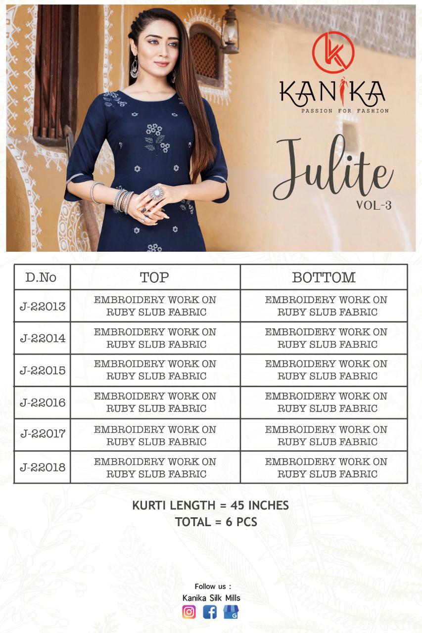 Kanika Julite 3 Latest Fancy Designer Ethnic Wear Two ton Rubbly silk with Embroidery Work Kurti With Bottom Collection
