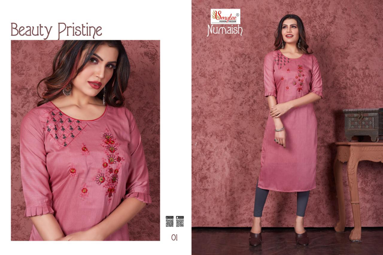 Smylee Numaish Designers Latest Fancy Festive Wear Heavy Silky Weaving Embroidery  Kurti Collection
