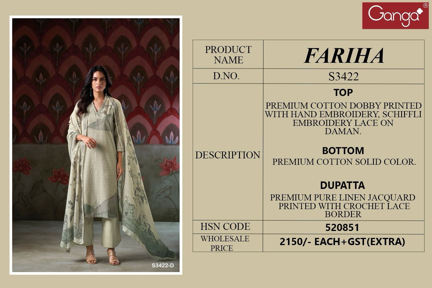 Fariha 3422 by Ganga Cotton Printed Embroidery Salwar Suit Wholesale In India