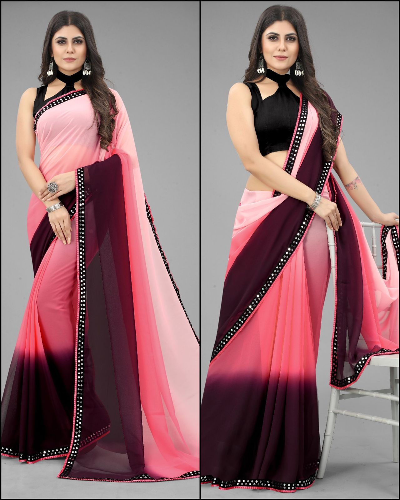 Aab Georgette Two Shaded Sequence Wholesale Saree in India