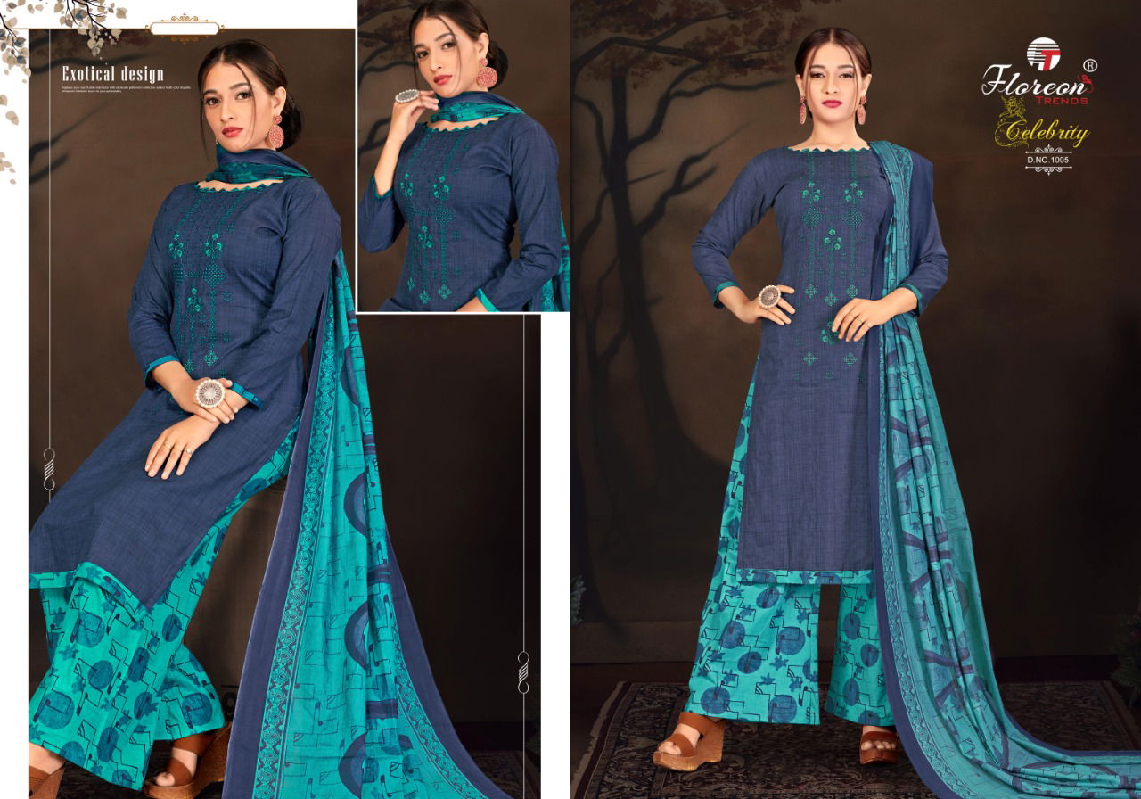Floreon Celebrity 2 Latest Fancy Regular Wear Heavy Lawn Cambric Negative Print With Fancy Embroidery  Cotton Dress Materials Collection