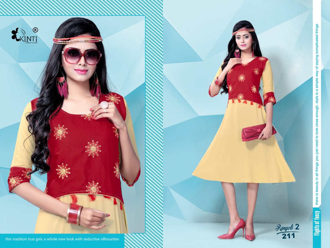 Kinti Rangoli 2 Fancy Ethnic Wear Rayon Embroidery work Designer Kurtis Collection