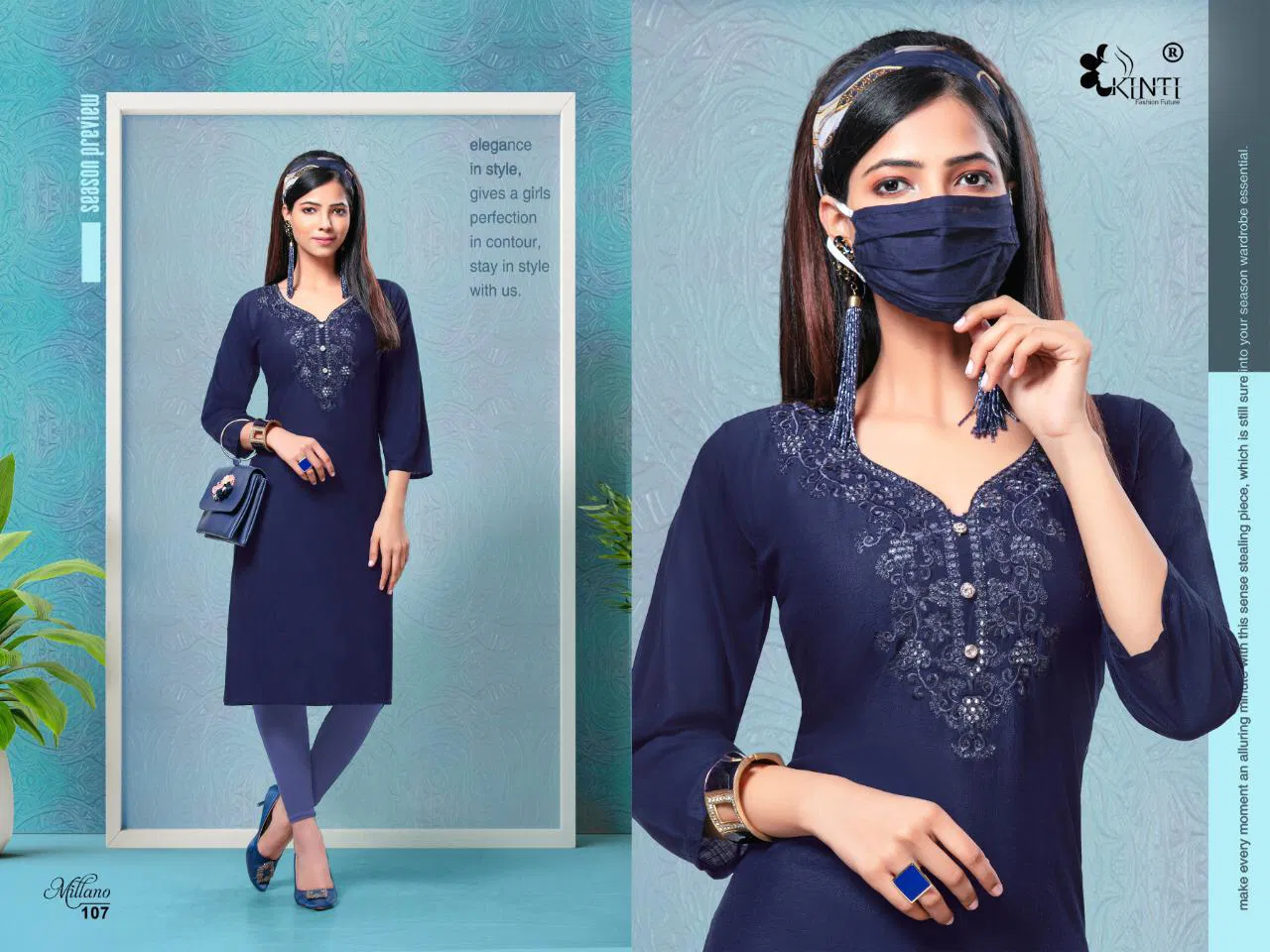 Kinti Millano Latest Designer Straight Neck Mirror Embroidery Work Style Kurtis Collection  