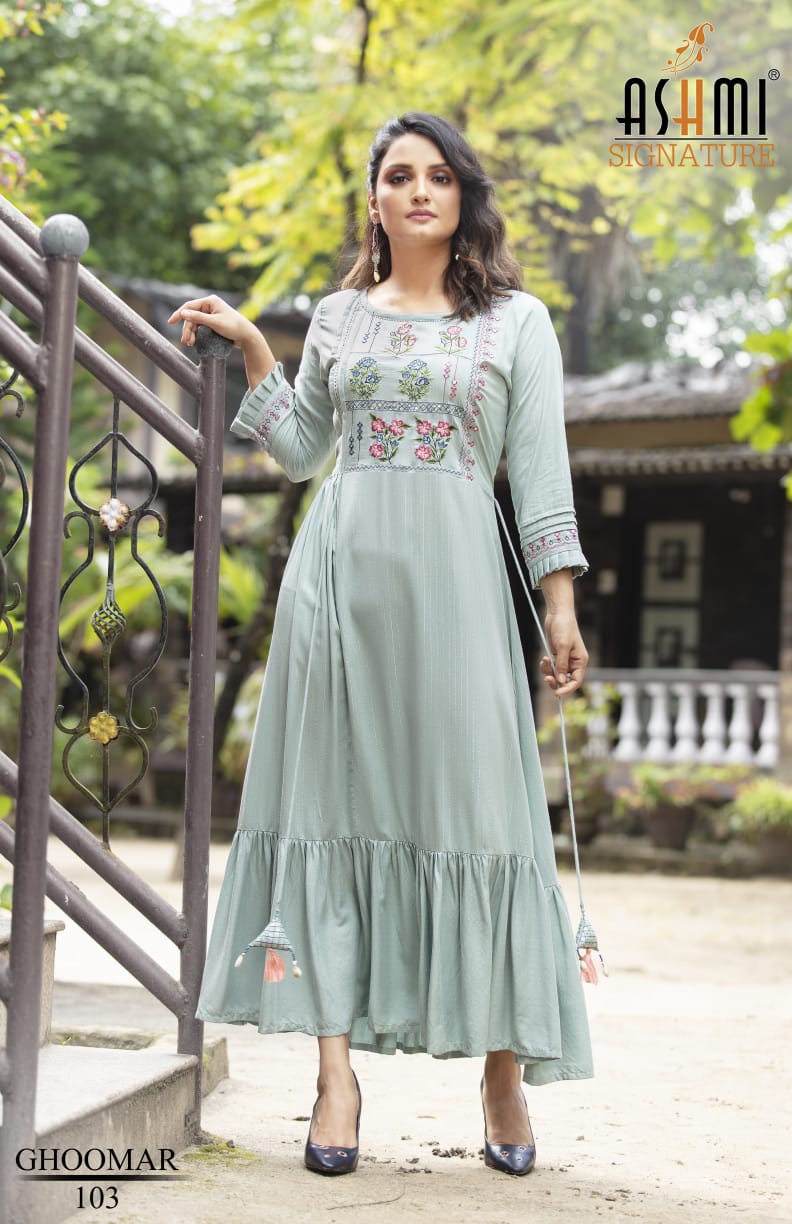 Ashmi Ghoomar New Exclusive Wear Rayon Long Designer Anarkali Kurti Collection