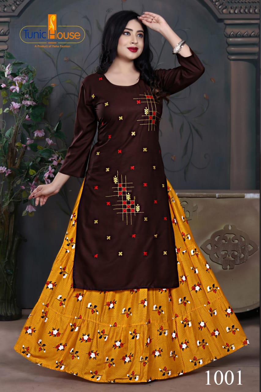 Tunic House Nexa 4 Embroidery Fancy Ethnic Wear Rayon With Embroidery Kurtis With Skirt Collection 
