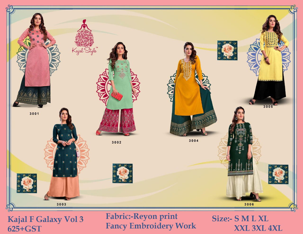 KAJAL STYLE FASHION GALAXY  Vol.3 LATEST RAYON PRINTED FANCY EMBROIDERY WORK PARTY WEAR KURTI WITH PLAZO & SHARARA COLLECTION