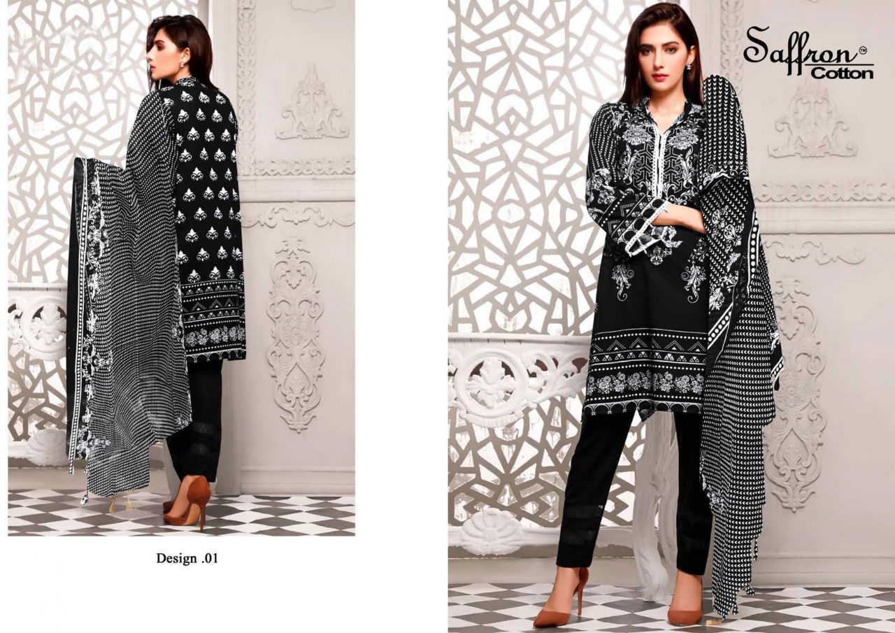 Saffron Latest Fancy Designer Casual Wear Black And White Printed Cotton Dress Material Collection
