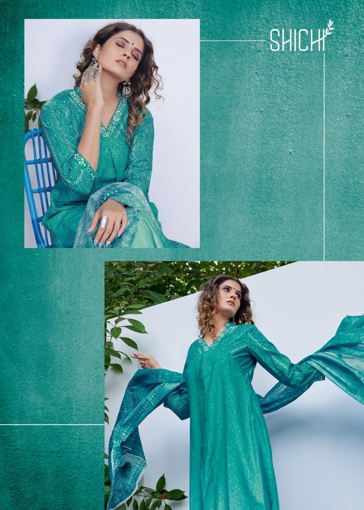Shichi Kora Exclusive Festive Wear Heavy Muslin Kurti With Pant And Dupatta Readymade Collection