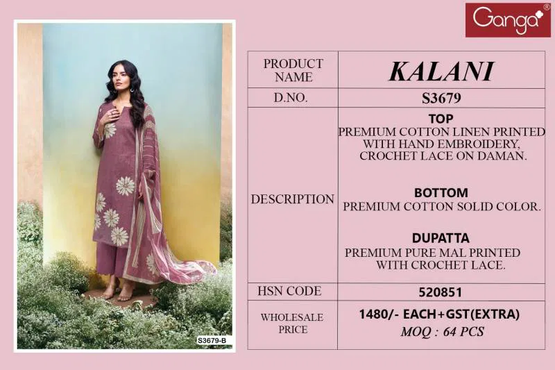 Kalani By Ganga Cotton Linen Printed Embroidered Salwar Suit Wholesale In India