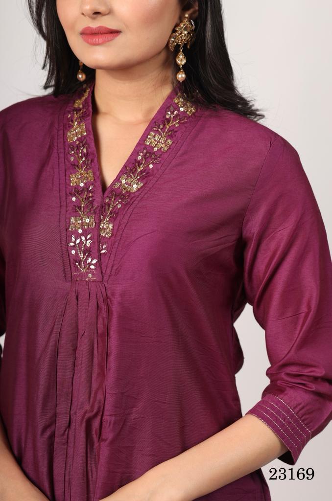 Indira 23166 Maroon Pure chanderi silk Kurti With Bottom Catalog
