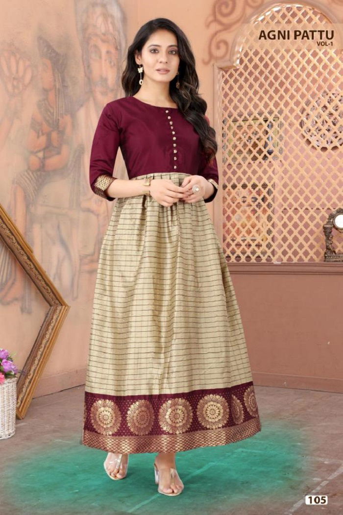 Agnipattu 1 Latest Casual Wear Long Anarkali Silk Gown Kurti Collection
