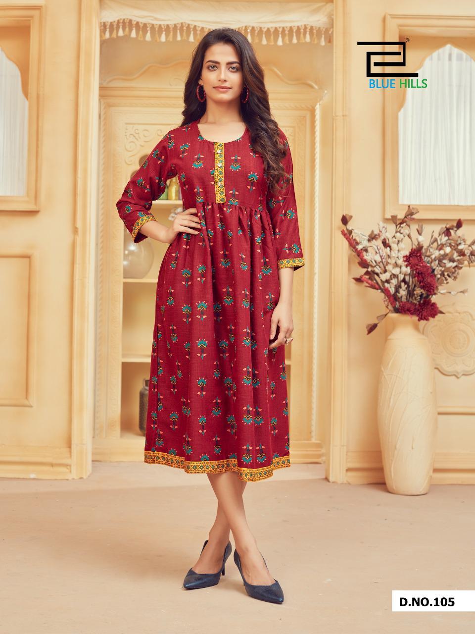 Blue Hills Velly 1 Designers Printed Ethnic Wear Rayon Kurtis Collection
