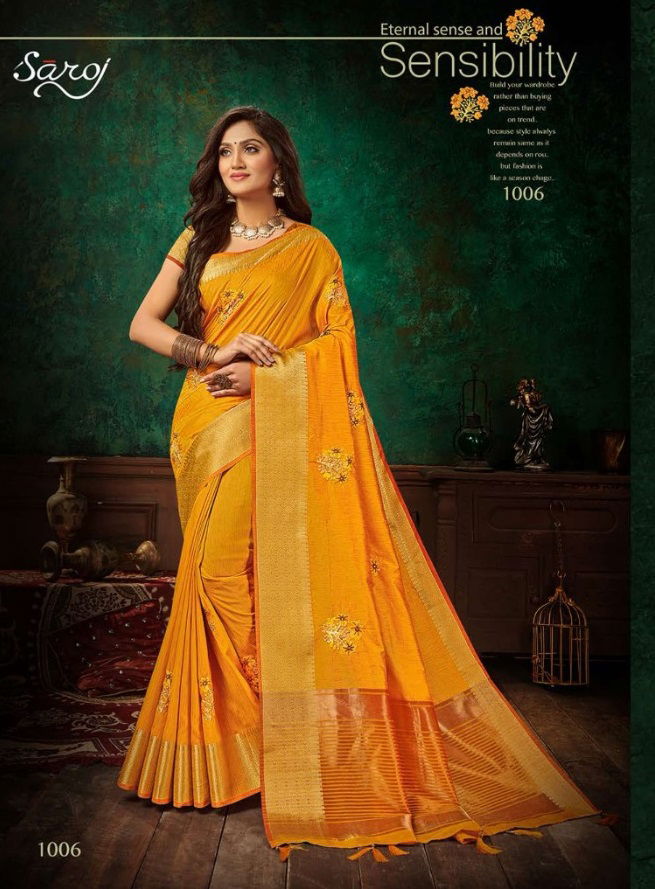 SAROJ ASHWAGANDHA Designer Fancy Casual Wear Soft Vichitra Silk with Banarsi Border and Multi Embroidery Work Saree Collection