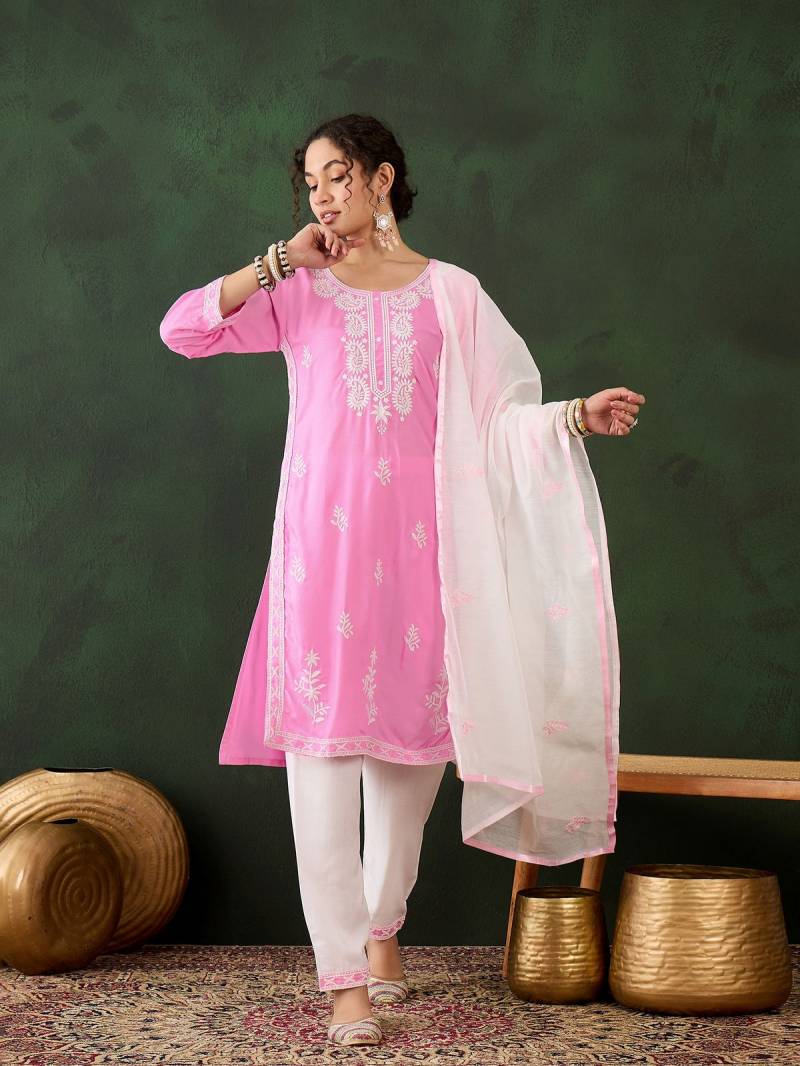 Color Set 8501 Rayon Chikankari Kurti Bottom With Dupatta Wholesale Price In Surat