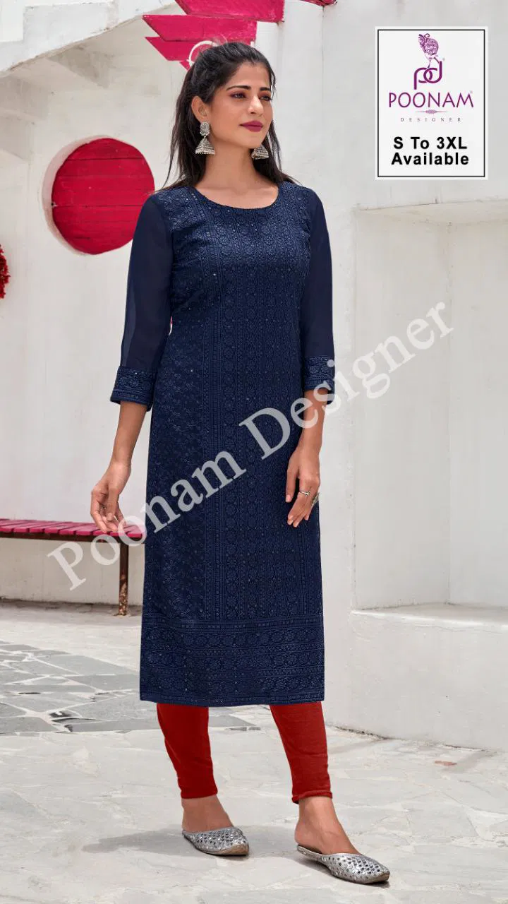 Poonam Chikankari Ethnic Wear Georgette Chikan work With sequence work Kurtis Collection
