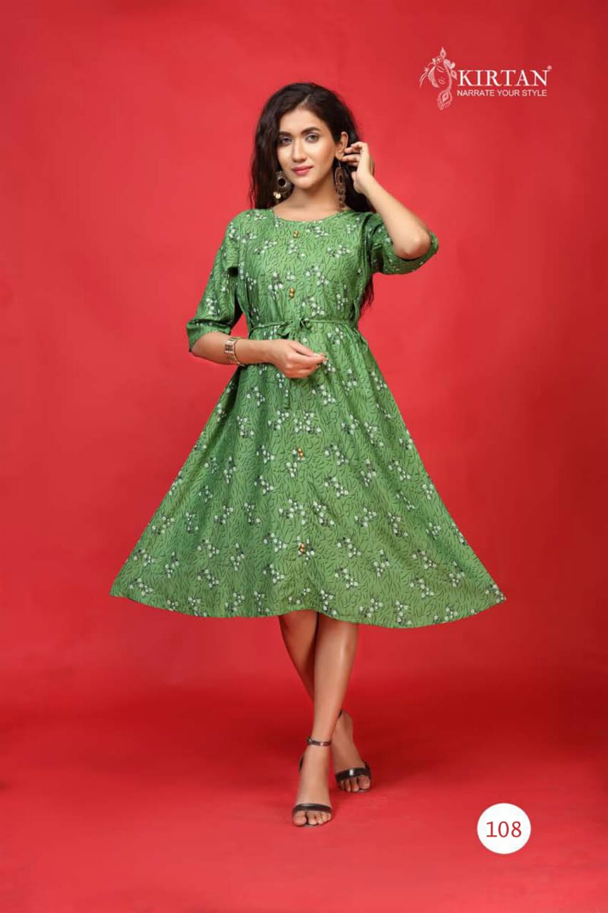 Kirtan Kanika Fancy Designer Casual Wear Rayon Printed Anarkali Kurtis Collection
