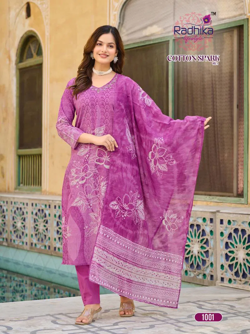 Cotton Spark Vol 1 By Radhika Cotton Printed Kurti Bottom With Dupatta Wholesale Clothing Distributors In India