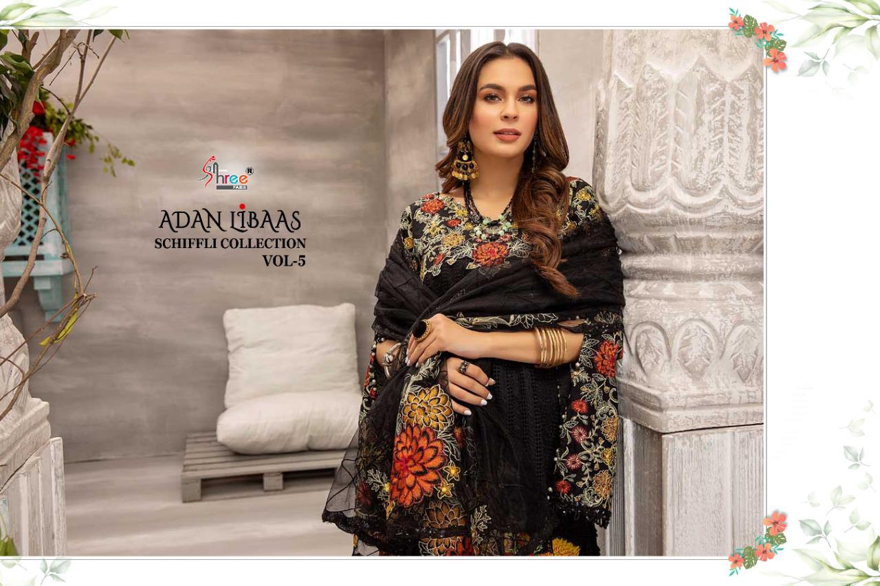 Shree Adan Libaas Schiffli Collection 5 Pure Low Cotton With Self Embroidery Work Pakistani Salwar Suits Collection
