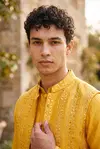 Yellow Color Outluk Wedding Vol 52 Satin Silk Mens Modi Jacket Kurta Pajama 5204