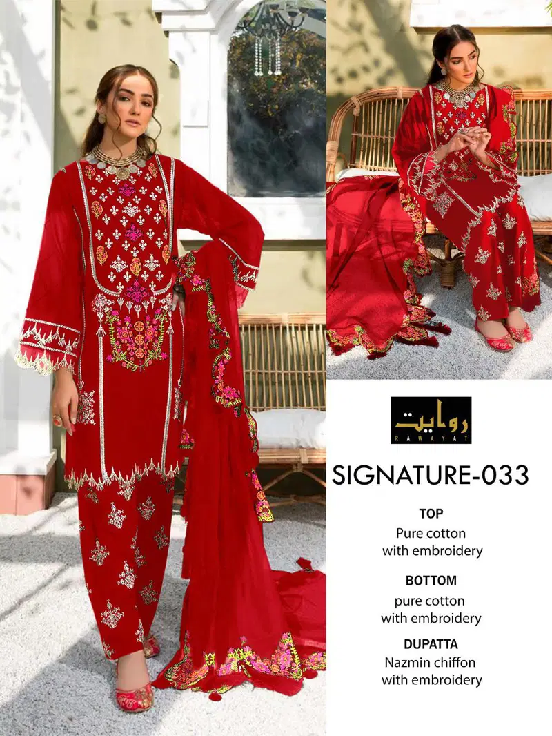 Rawayat Signature 033 Fancy Designer Casual Wear Pure Cotton With Embroidery Work Pakistani Salwar Suits

