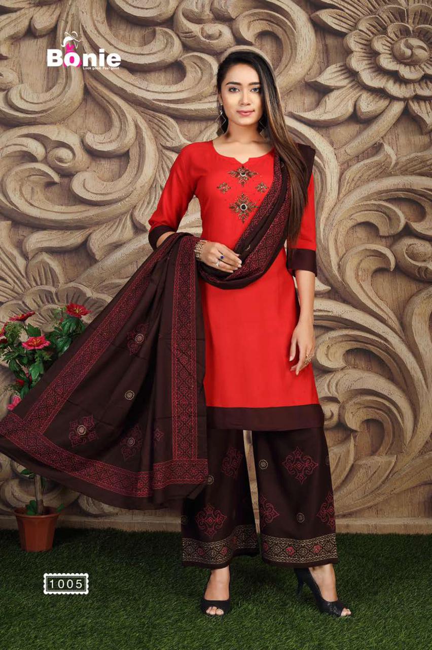 Bonie Jannat 2 Fancy Casual Wear Rayon Designer Kurti With Palazzo With Dupatta Collection

