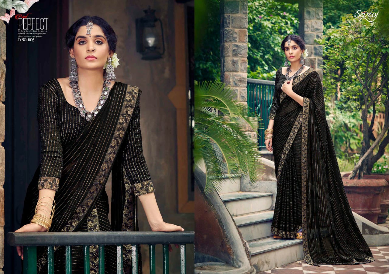 Saroj Sanwaree Weightless Georgette Satin Designer Party Wear Saree Collection
