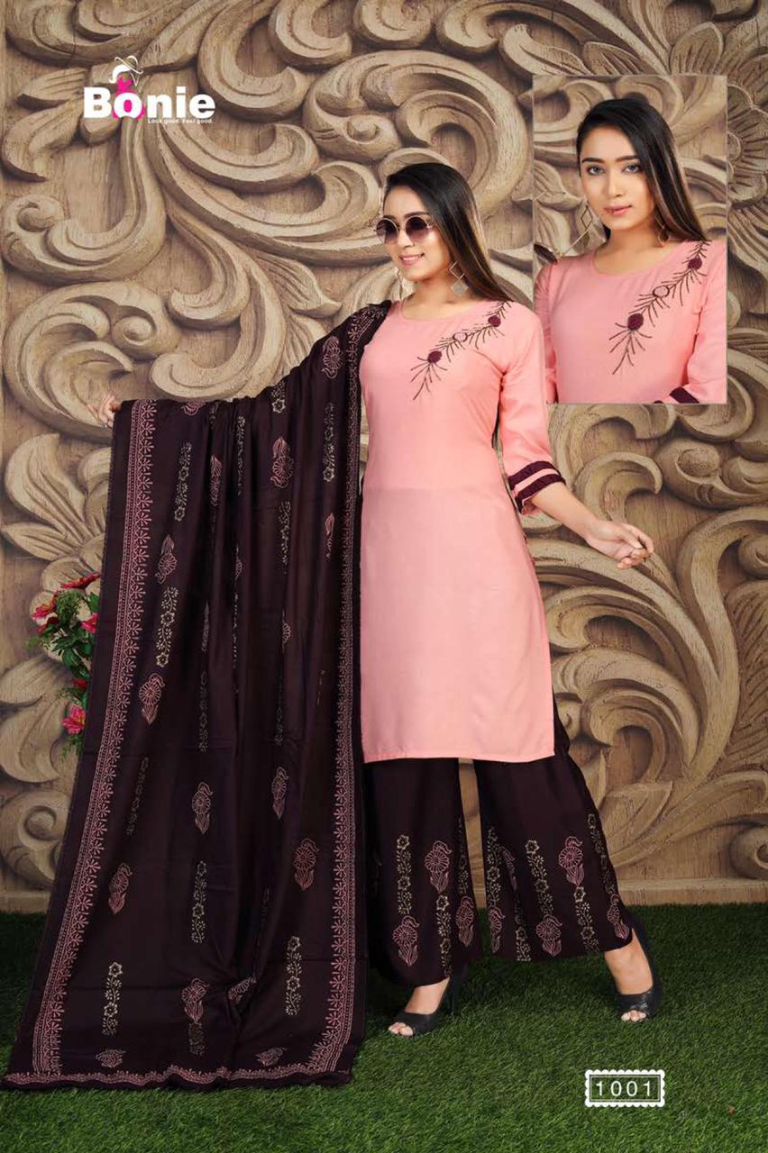 Bonie Jannat 2 Fancy Casual Wear Rayon Designer Kurti With Palazzo With Dupatta Collection
