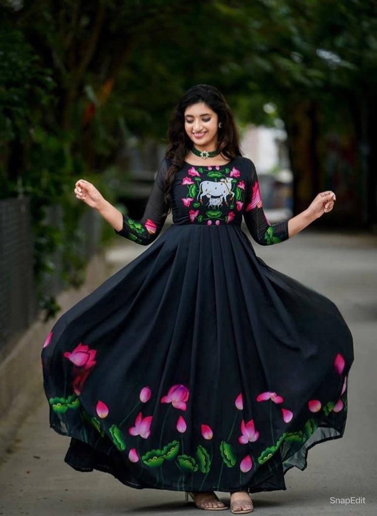Cow Maxi By Bhargavi Black Georgette Printed Gown Catalog
