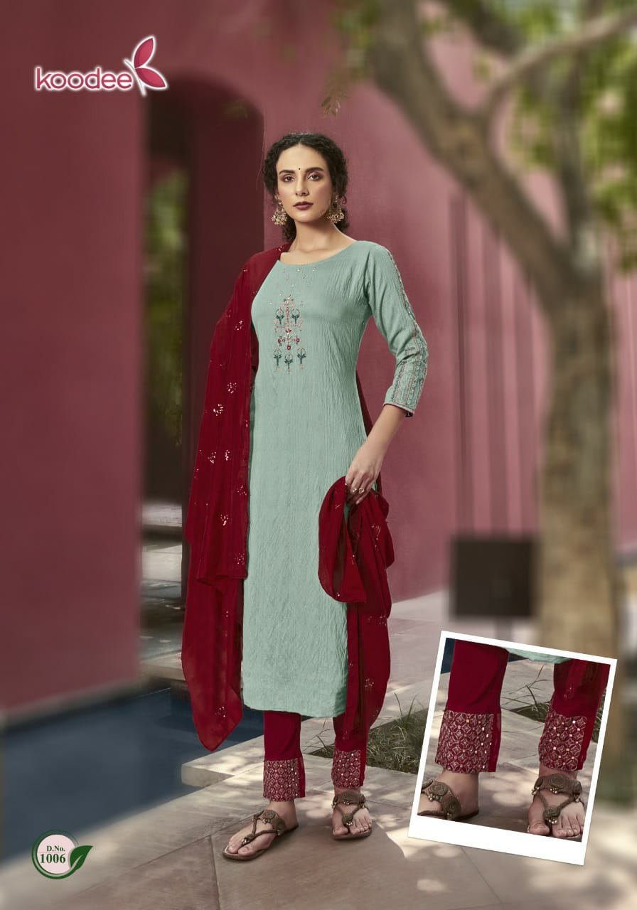 Koodee Renu 1 Festive Wear Designer Latest Fancy Viscose Stripe Pattern With Khatli Work Readymade Collection
