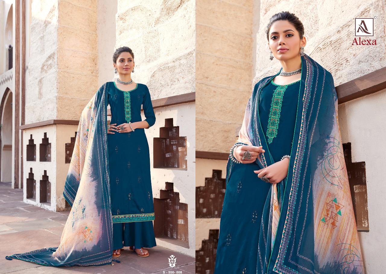 Alok Alexa Latest fancy Casual wear Pure jam Dyed with Fancy Embroidery Work Designer Dress Material Collection
