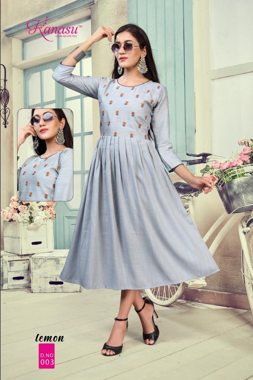 Kanasu Lemon Heavy Rayon Ethnic Wear Anarkali Long Designer Kurtis Collection
