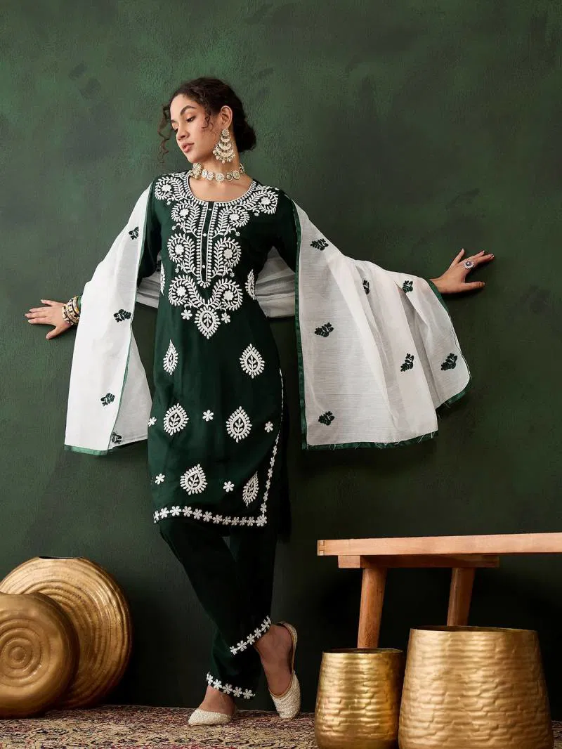 Color Set 8502 Cotton Chikankari Kurti Bottom With Dupatta Wholesale Online