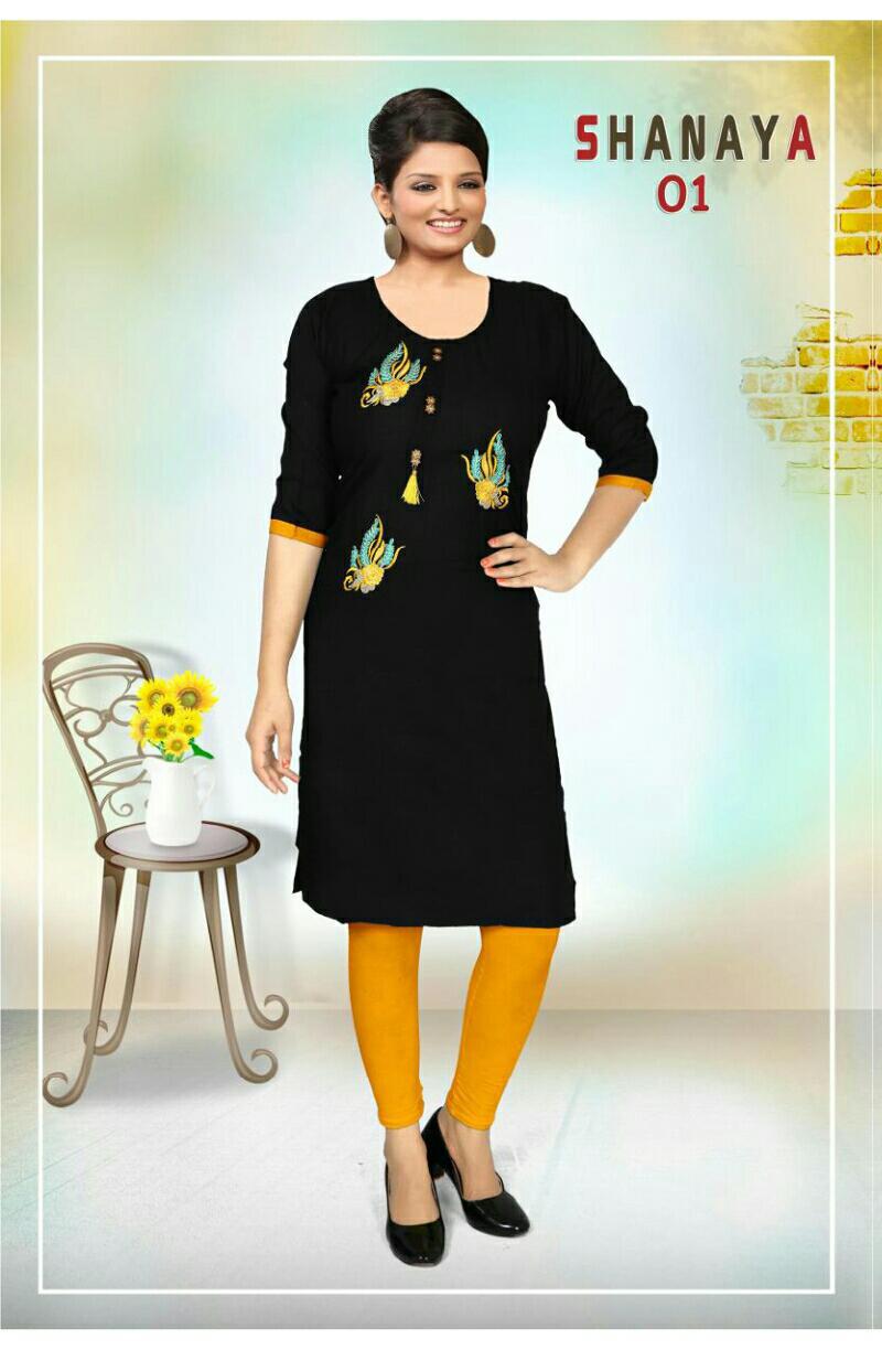 Trendy Shanaya Latest Designer Daily Wear Rayon Embroidery Work Kurtis Collection

