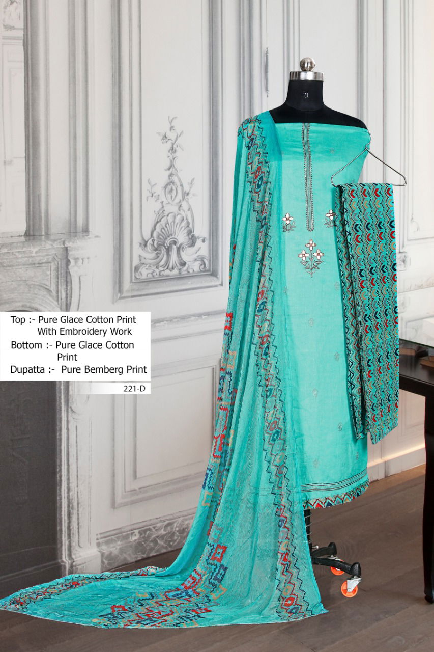 BIPSON 221 COLOURS Ethnic Latest Regular Wear Cotton Glace Print with Embroidery work Top With Pure Bamber chiffon print Dupatta Collection


