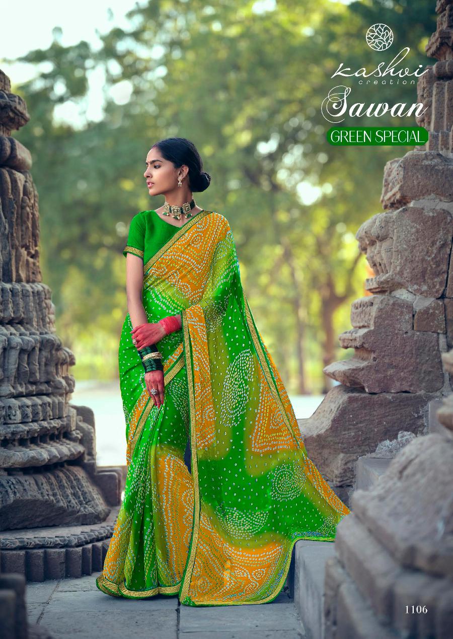 Kashvi Sawan Green Casual Wear Printed Designer Chiffon Saree Collection
