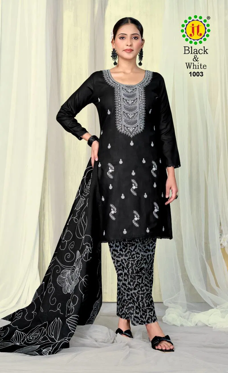 Jt Black And White Rayon Embroidery Dress Material Wholesale Market In Surat With Price