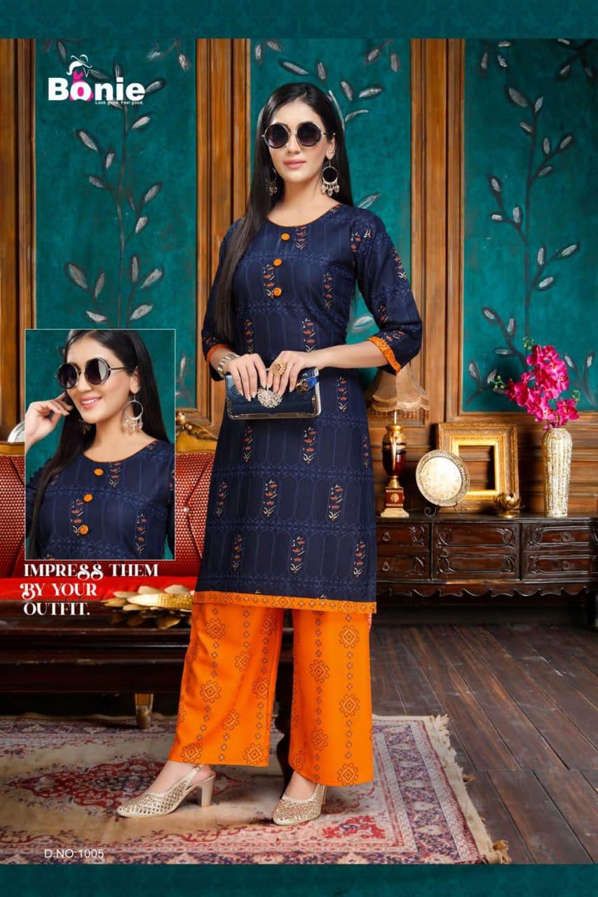 Bonie Plazo Lady Latest Fancy Regular Wear Rayon Printed Kurtis With Bottom Collection